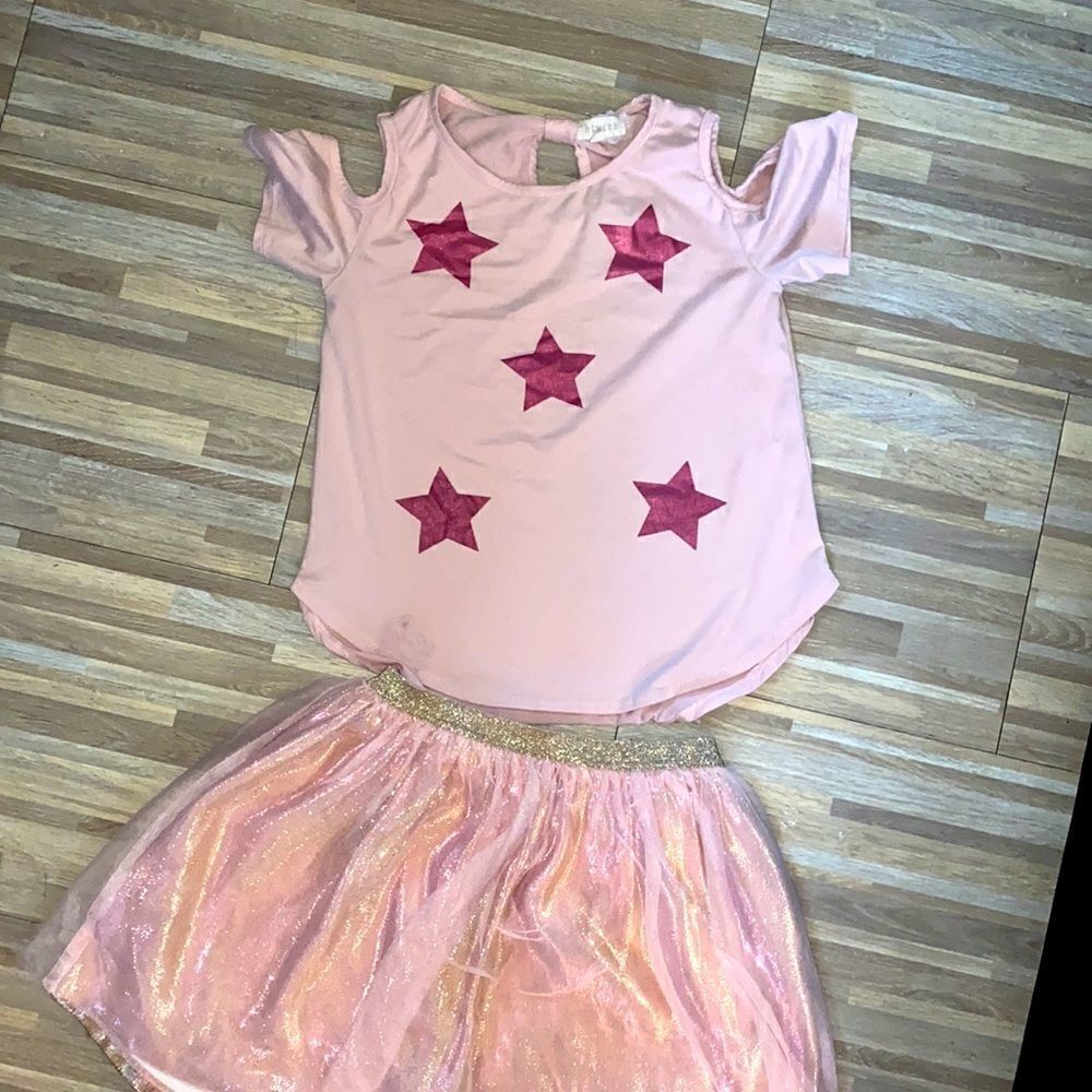 Girls pink tutu unicorn stars glittery Pink shirt set - Picture 3 of 3